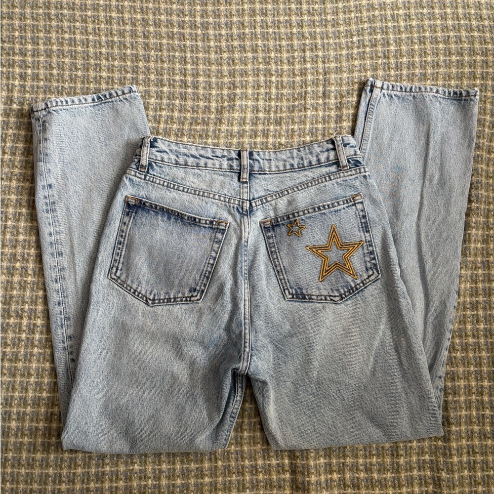 Reformation Light Blue Denim Jeans with Star Embroidered Detail